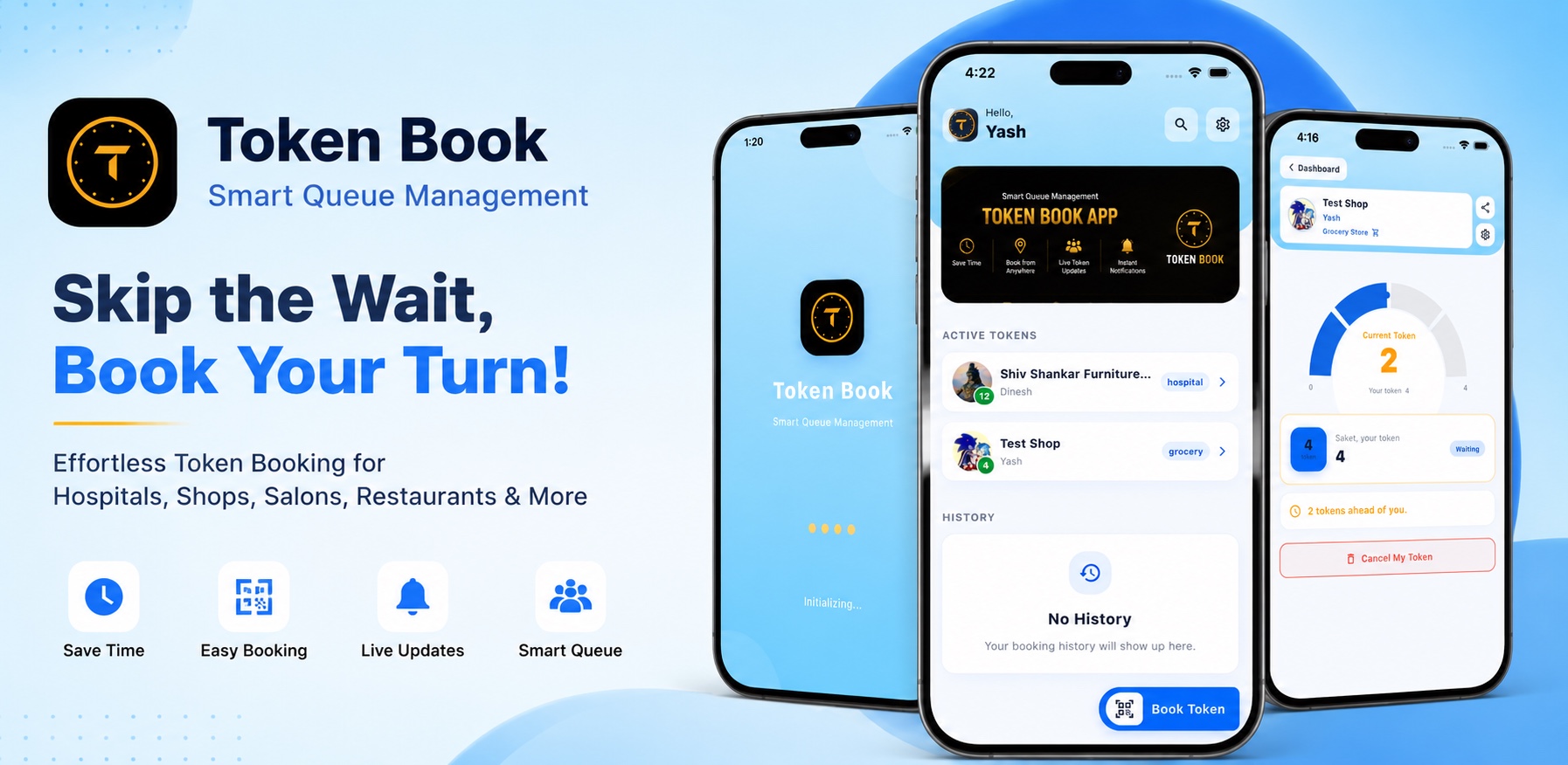 Token Book app showing active tokens, live queue position, and booking screen